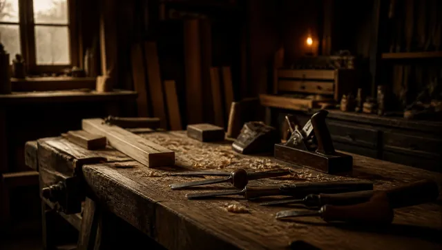 Craftsman's workbench with hand tools and wood shavings in a warm workshop