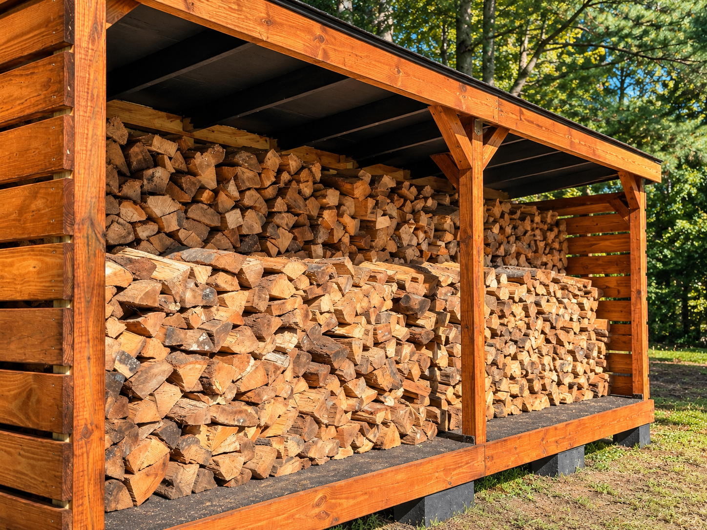 Angled view showing the raised platform and covered sloped roof of the firewood shed