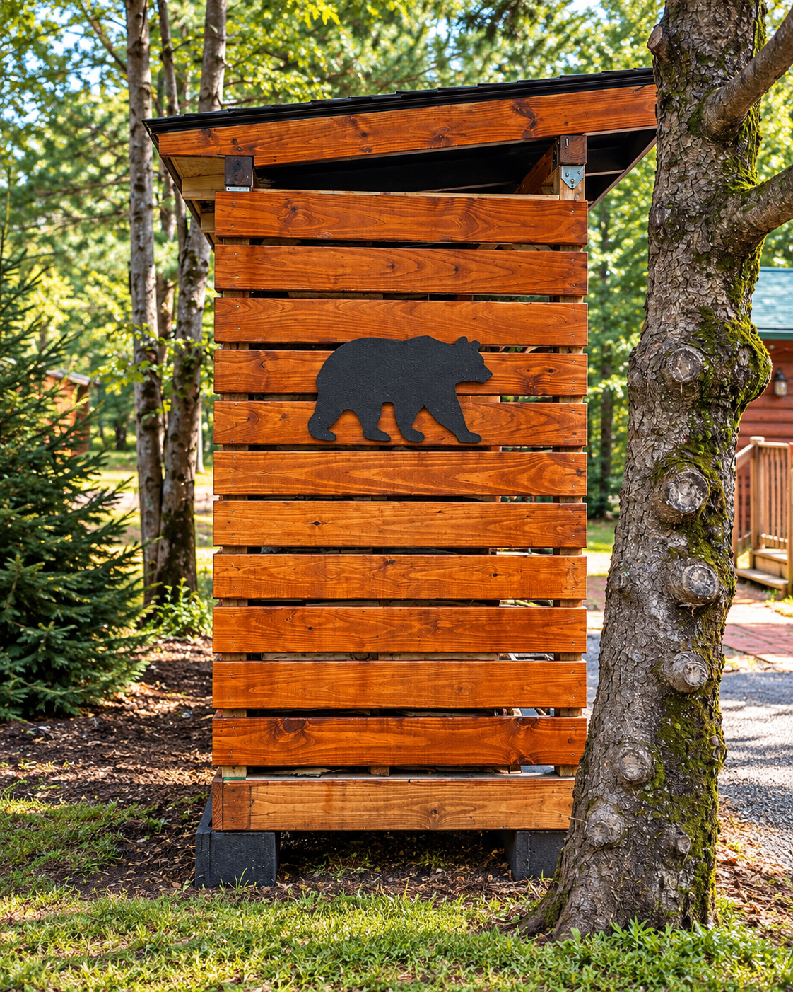 Side view of ventilated wood slats with a custom black bear detail