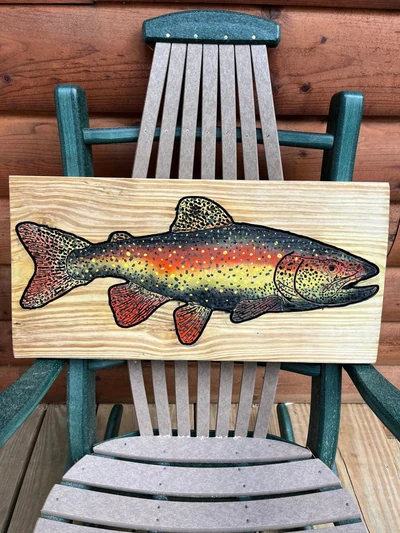 Colorful brook trout artwork on a natural-edge wood plank