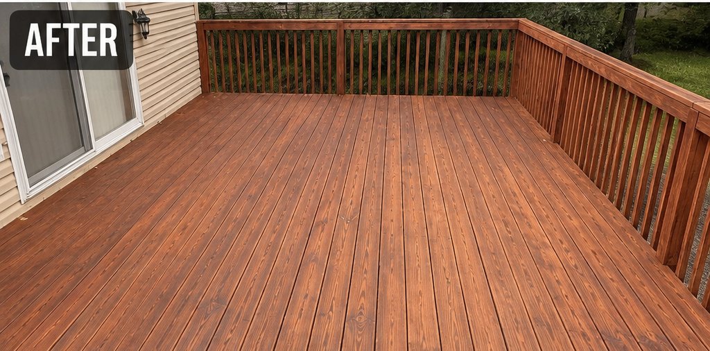 Restored deck in Albrightsville PA refinished in a warm wood tone after stripping and sanding