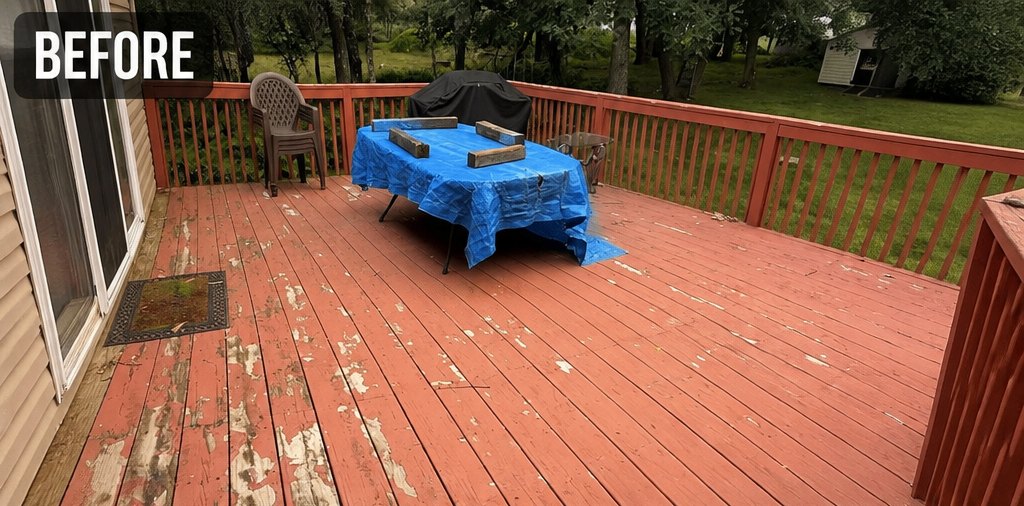 Deck before restoration with a solid red stain peeling off the boards