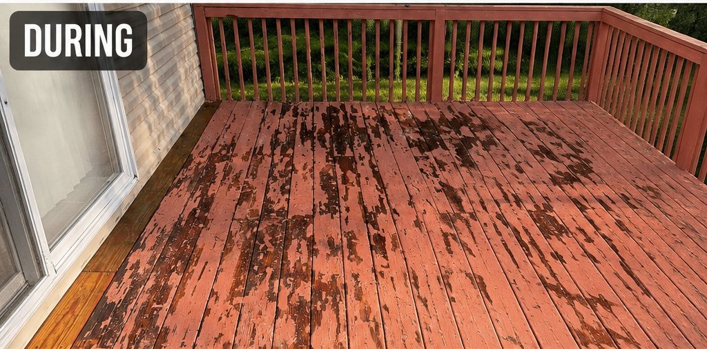 Deck during chemical stripping with the old coating breaking down