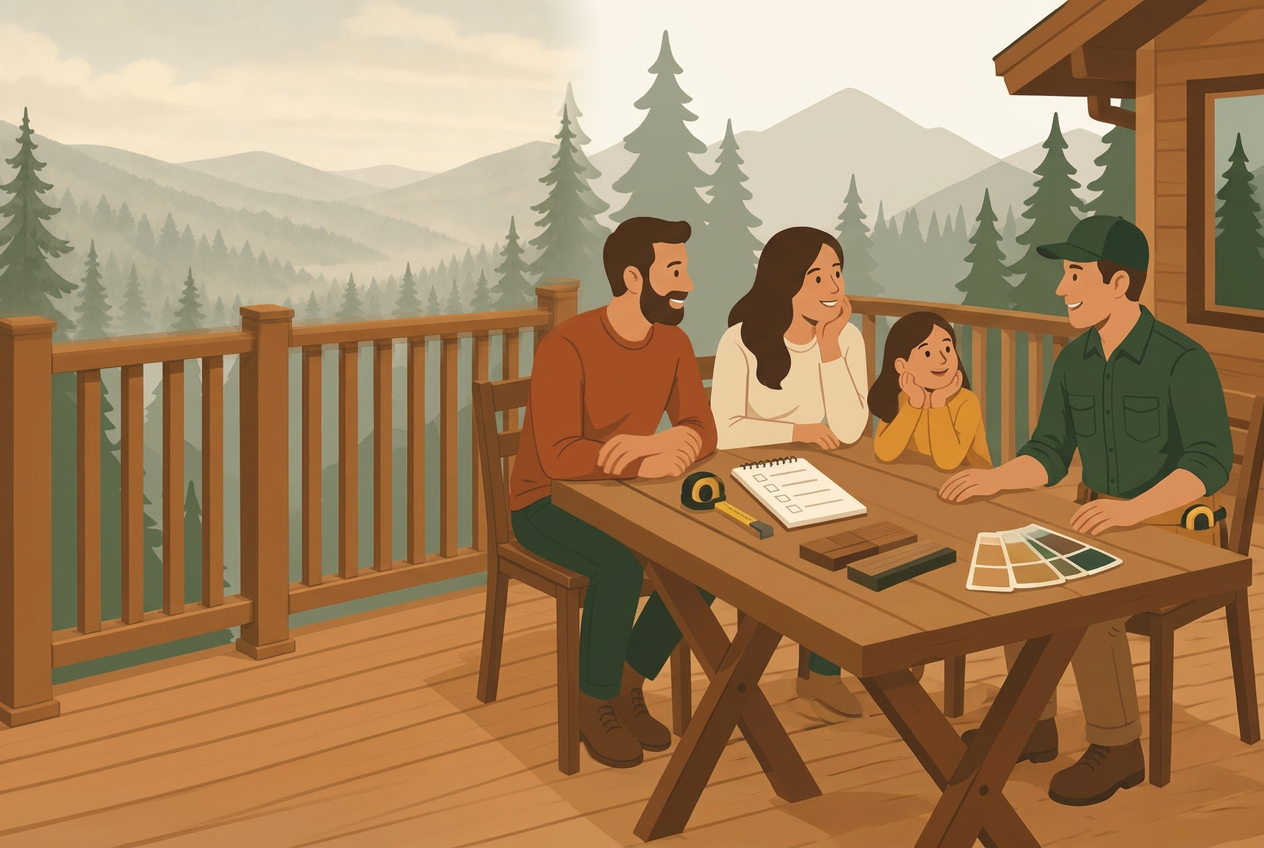 Flat illustration of a Saw & Cedar carpenter talking over project ideas with a family on their Pocono deck