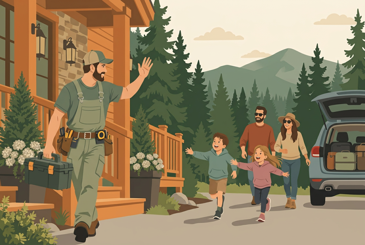 Illustration of a Saw & Cedar carpenter waving as a family arrives at their Pocono cabin with luggage